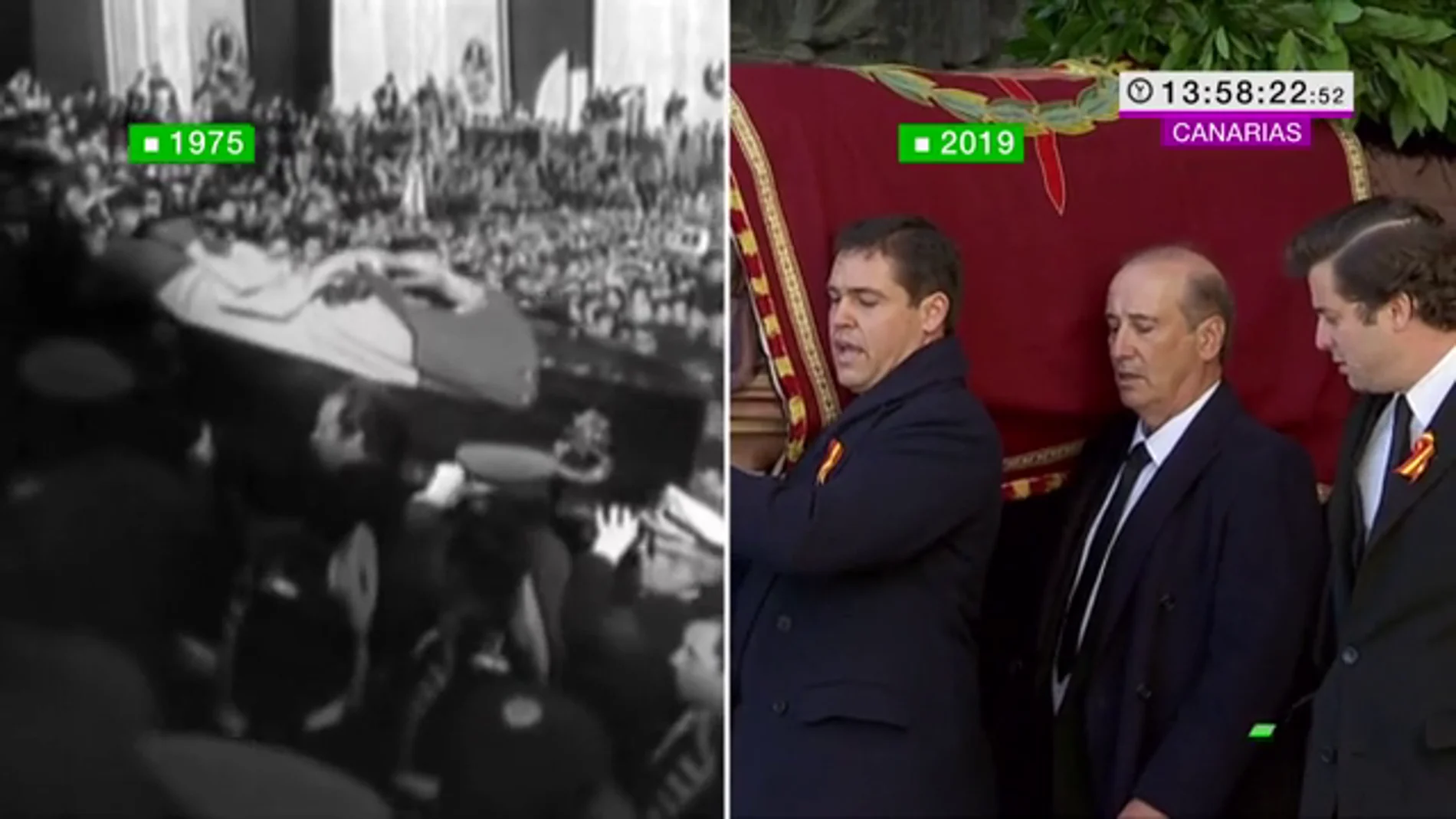 Dos imágenes históricas separadas por 44 años: así entró y así ha salido Franco del Valle de los Caídos