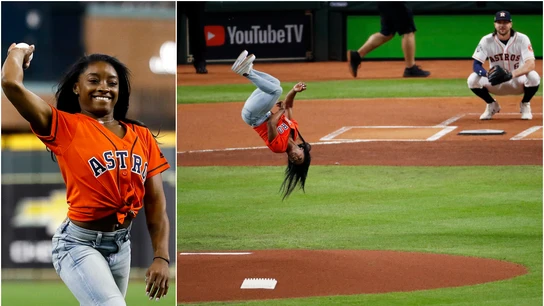 Simone Biles y su espectacular lanzamiento en el partido de los Astros Simone Biles y su espectacular lanzamiento en el partido de los Astros