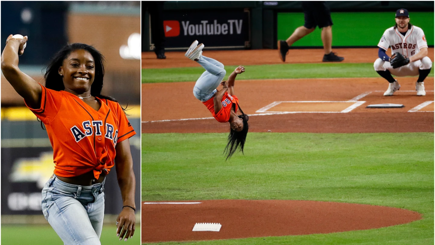 Simone Biles y su espectacular lanzamiento en el partido de los Astros Simone Biles y su espectacular lanzamiento en el partido de los Astros