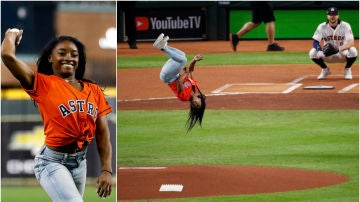 Simone Biles y su espectacular lanzamiento en el partido de los Astros