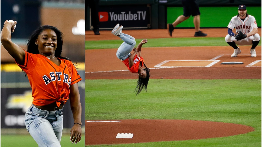 Simone Biles y su espectacular lanzamiento en el partido de los Astros