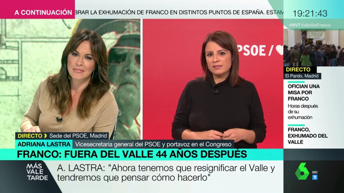 La emoción de Adriana Lastra al recordar a su abuela y "los compañeros que ya no están" en el día de la exhumación de Franco La emoción de Adriana Lastra al recordar a su abuela y "los compañeros que ya no están" en el día de la exhumación de Franco