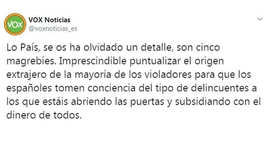 El tuit publicado por una de las cuentas de Vox El tuit publicado por una de las cuentas de Vox