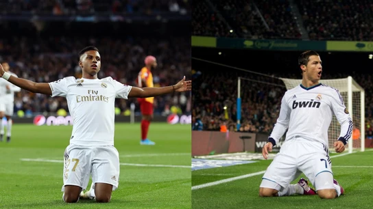 Rodrygo Goes y Cristiano Ronaldo celebrando un gol arrodillados Rodrygo Goes y Cristiano Ronaldo celebrando un gol arrodillados