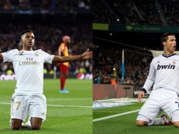 Rodrygo Goes y Cristiano Ronaldo celebrando un gol arrodillados Rodrygo Goes y Cristiano Ronaldo celebrando un gol arrodillados