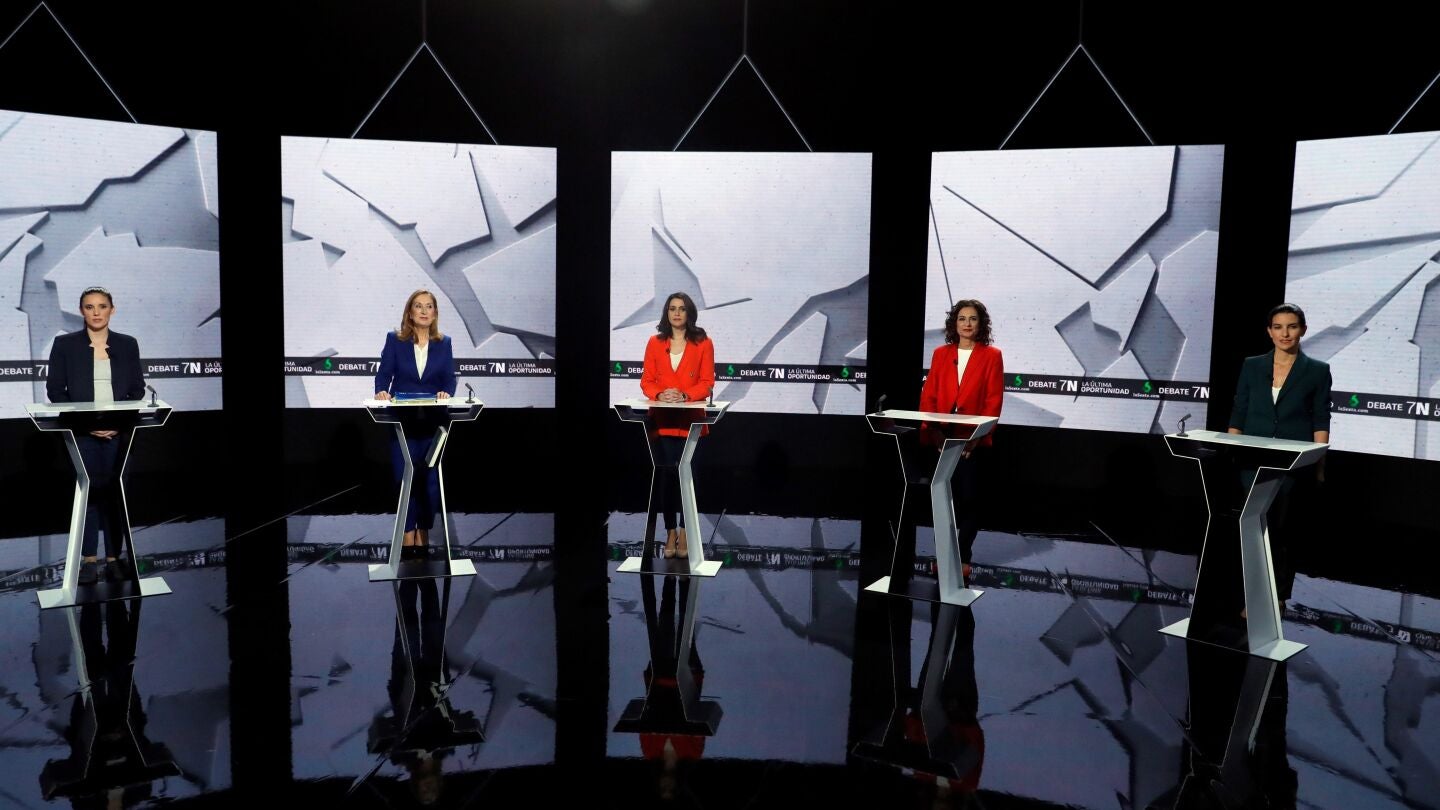 Irene Montero, Ana Pastor, In&eacute;s Arrimadas, Mar&iacute;a Jes&uacute;s Montero y Roc&iacute;o Monasterio en el debate del 7N