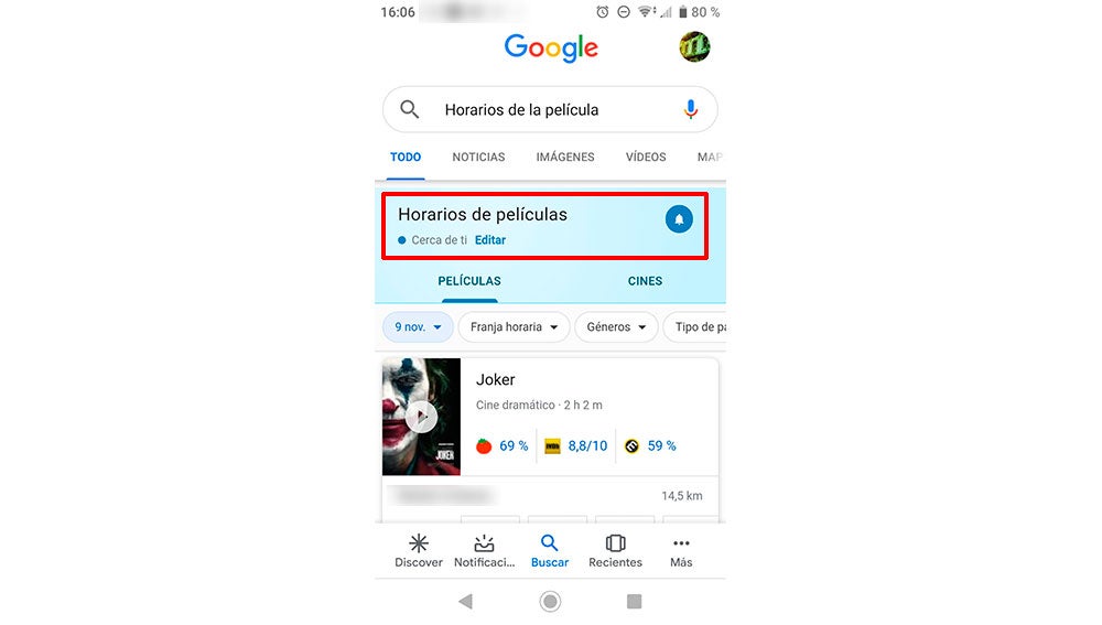 Horarios de películas en Google