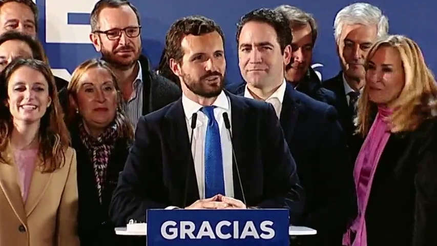 El auge de Vox y la alianza entre PSOE y Unidas Podemos, protagonistas de la celebración de Casado en Génova El auge de Vox y la alianza entre PSOE y Unidas Podemos, protagonistas de la celebración de Casado en Génova