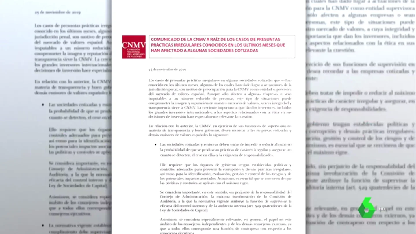 La CNMV emite un duro comunicado para las empresas de la Bolsa tras los escándalos de presunta corrupción La CNMV emite un duro comunicado para las empresas de la Bolsa tras los escándalos de presunta corrupción