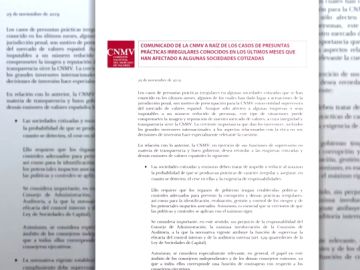La CNMV emite un duro comunicado para las empresas de la Bolsa tras los escándalos de presunta corrupción La CNMV emite un duro comunicado para las empresas de la Bolsa tras los escándalos de presunta corrupción