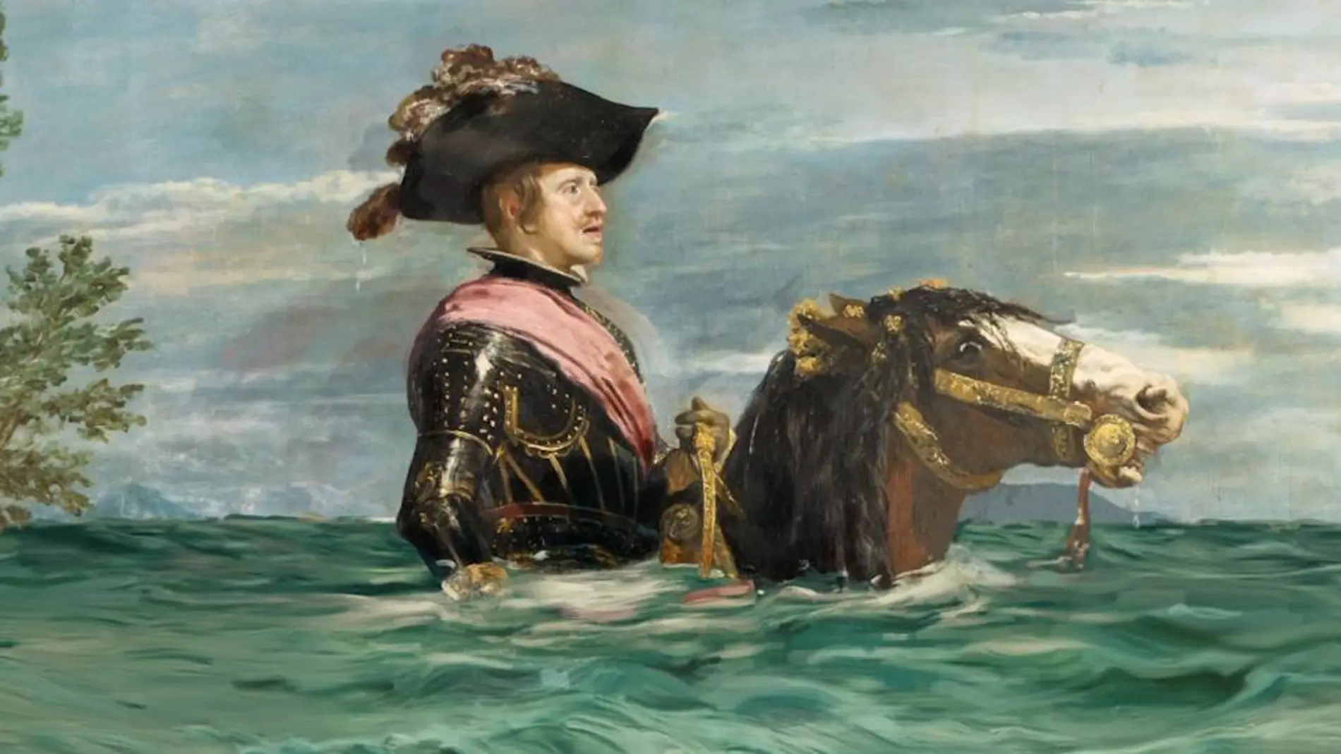 Montaje de la obra 'Felipe VI a caballo' de Velázquez para la campaña.