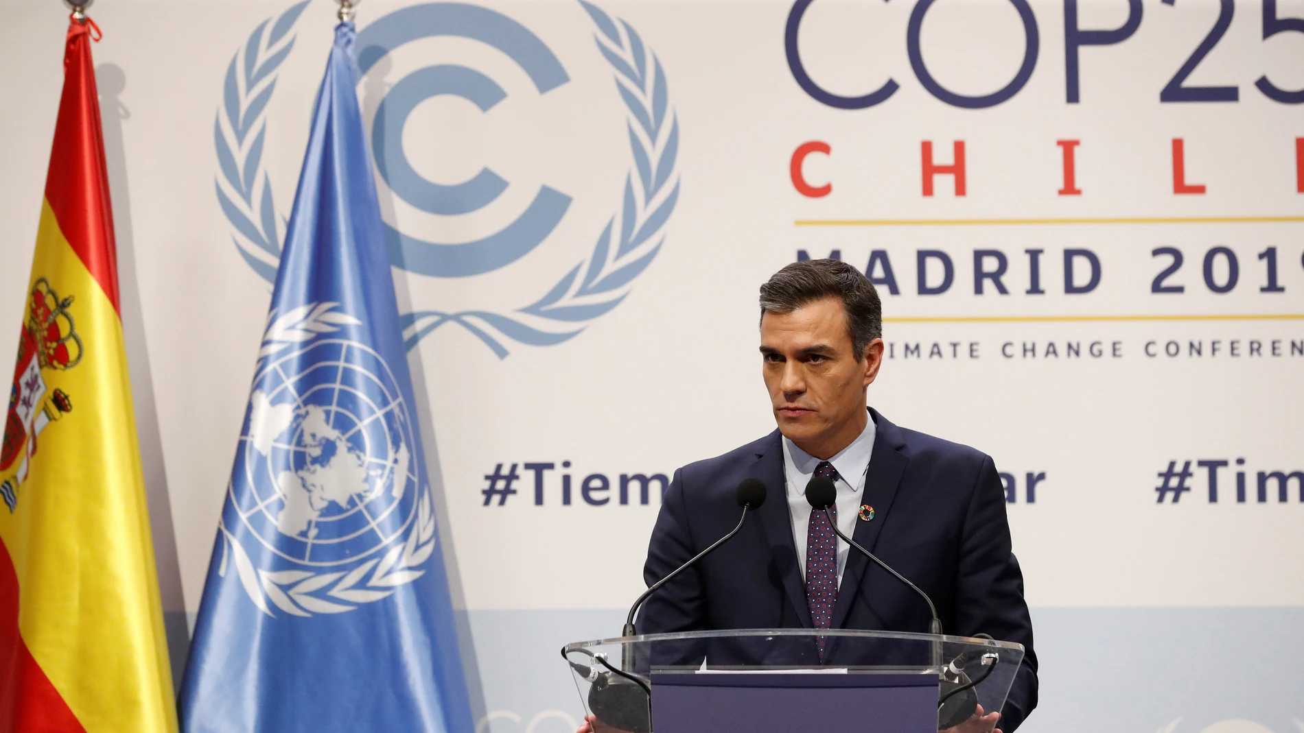 El presidente del Gobierno de España, Pedro Sánchez durante la rueda de prensa por la Cumbre del Clima