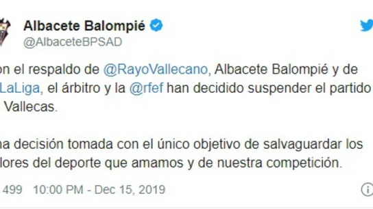 Comunicado del Albacete tras la suspensión del partido ante el Rayo Comunicado del Albacete tras la suspensión del partido ante el Rayo