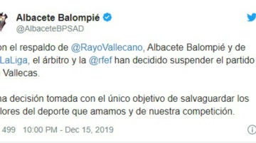 Comunicado del Albacete tras la suspensión del partido ante el Rayo