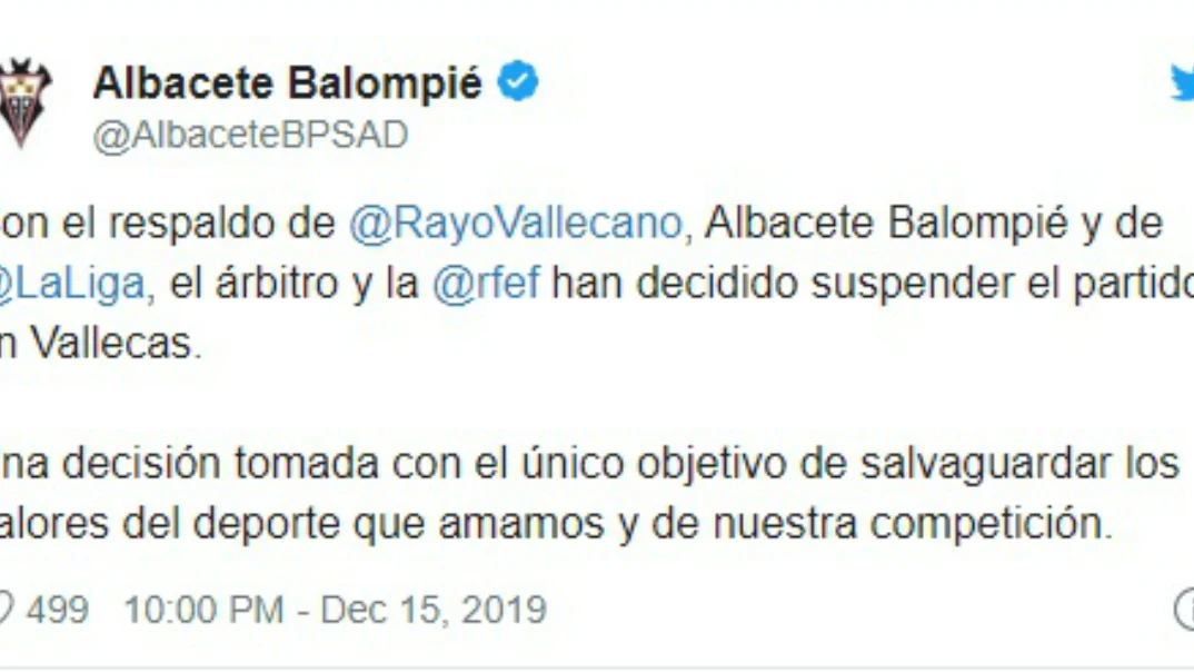 Comunicado del Albacete tras la suspensión del partido ante el Rayo