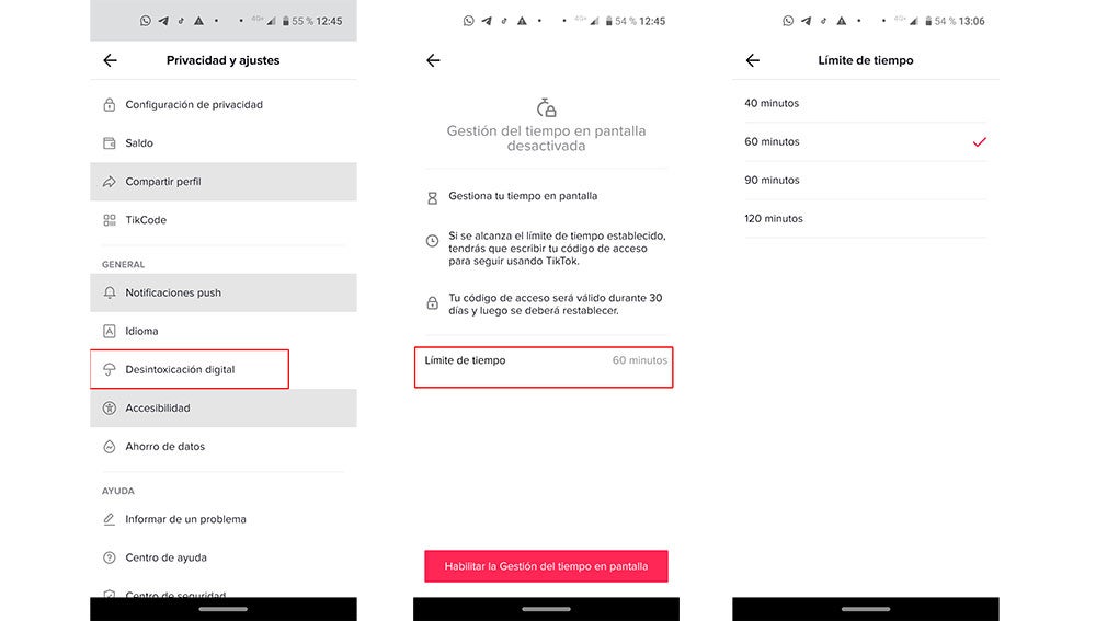 Limitando el tiempo en TikTok