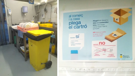 El cubo amarillo y un cartel para reciclar en la cocina del restaurante barcelonés La Familia Reciclaje