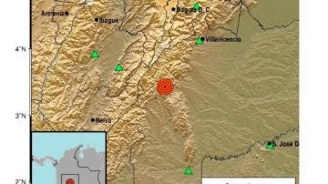 Mapa del sismo que se ha sentido en el centro de Colombia
