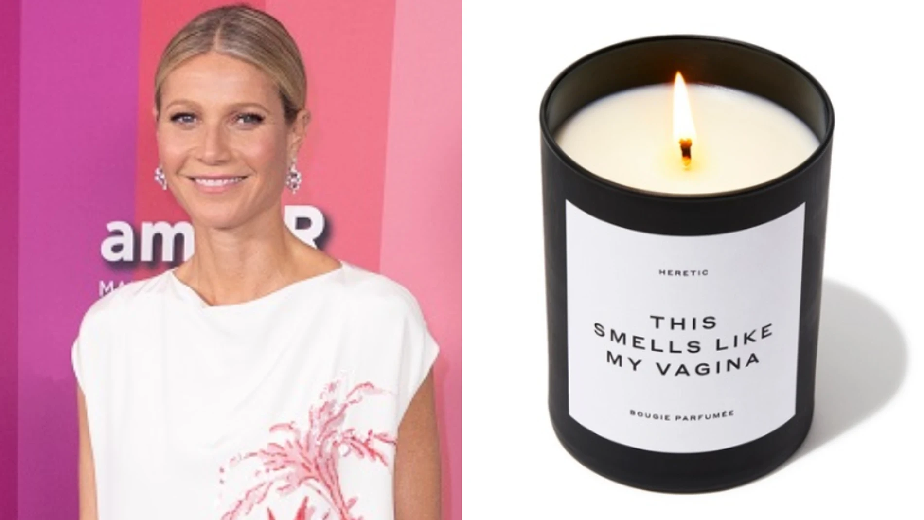 Imagen de la actriz Gwyneth Paltrow a la izquierda y la vela con 'olor a su vagina' que se ha agotado a la derecha