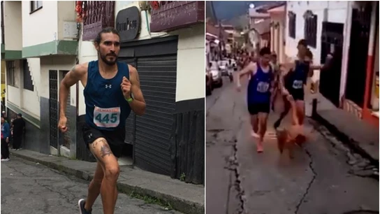 El corredor Jaime Alejandro da una fea patada a un perro en plena carrera El corredor Jaime Alejandro da una fea patada a un perro en plena carrera