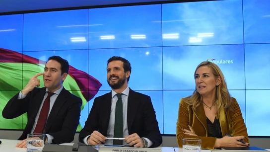 El líder del PP, Pablo Casado, junto a la vicesecretaria de Organización, Ana María Beltrán y el secretario general del partido, Teodoro García Egea. El líder del PP, Pablo Casado, junto a la vicesecretaria de Organización, Ana María Beltrán y el secretario general del partido, Teodoro García Egea.