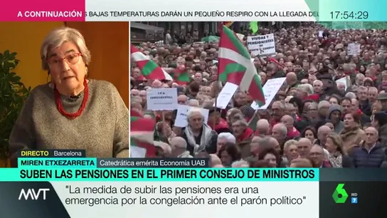 Miren Etxezarreta, sobre la decisión de subir las pensiones: "Era inevitable, no se podía tener a millones de pensionistas esperando" Miren Etxezarreta, sobre la decisión de subir las pensiones: "Era inevitable, no se podía tener a millones de pensionistas esperando"