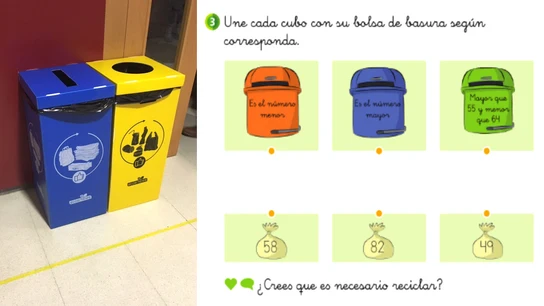 Contenedores de reciclaje en el colegio y un ejercicio con reflexión ambiental matemáticas y educación ambiental