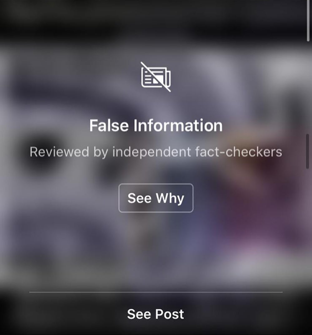 Contenido falso denunciado por Instagram.