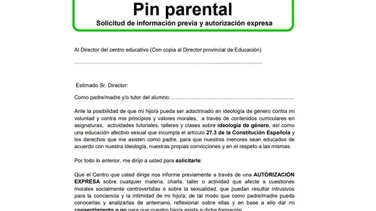 Fragmento del formulario de 'pin parental' colgado por Vox en su web Fragmento del formulario de 'pin parental' colgado por Vox en su web