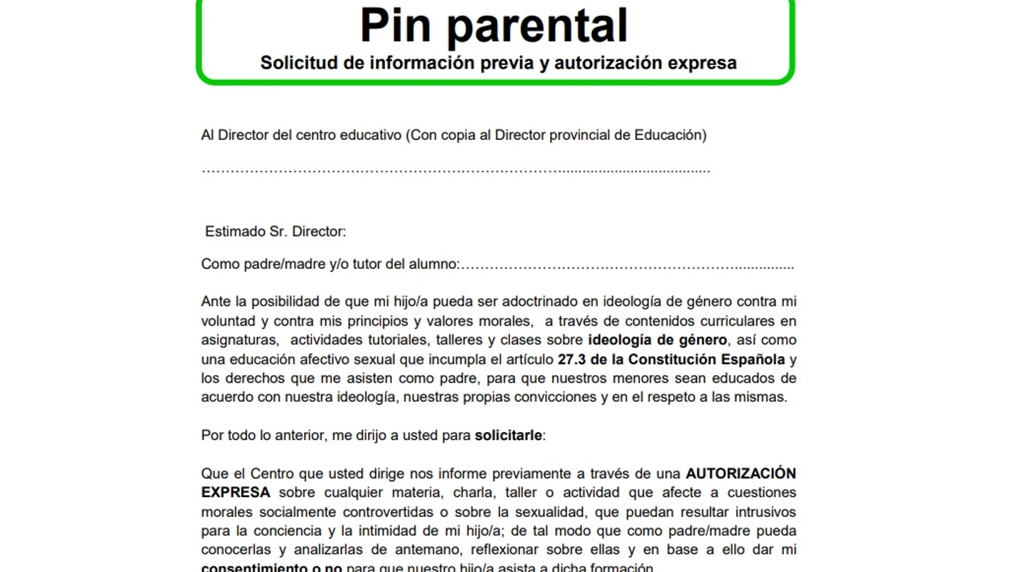 Fragmento del formulario de 'pin parental' colgado por Vox en su web Fragmento del formulario de 'pin parental' colgado por Vox en su web