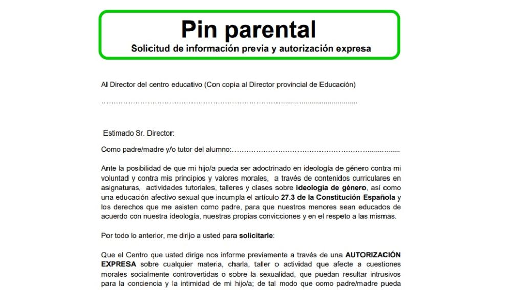 Fragmento del formulario de 'pin parental' colgado por Vox en su web