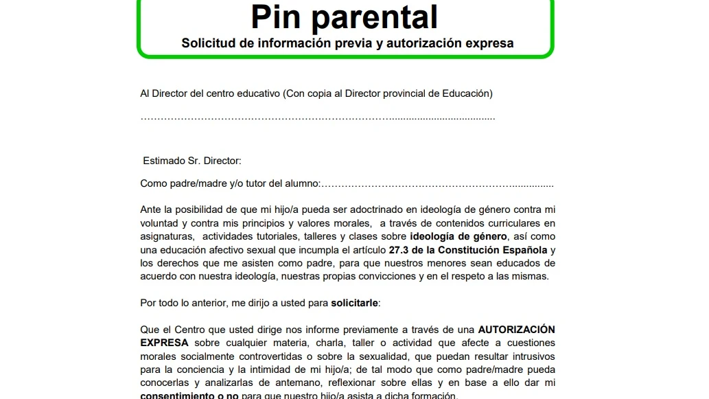 Fragmento del formulario de 'pin parental' colgado por Vox en su web