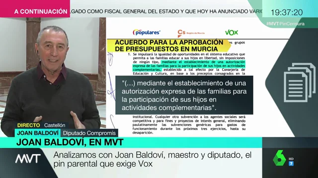 Joan Baldoví critica el 'pin parental' de Vox: "Un niño tiene que tener la posibilidad de ver las diferentes maneras de entender el mundo"