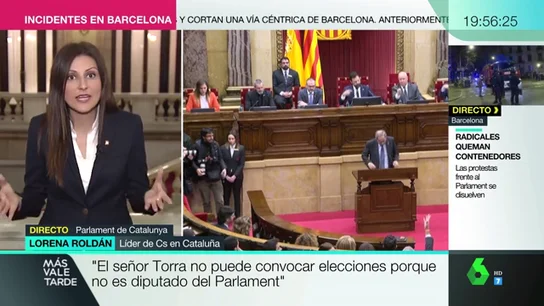 Lorena Roldán (Cs) pide elecciones en Cataluña: "Es urgente que el Govern reconozca que ha llegado al final del camino" Lorena Roldán (Cs) pide elecciones en Cataluña: "Es urgente que el Govern reconozca que ha llegado al final del camino"