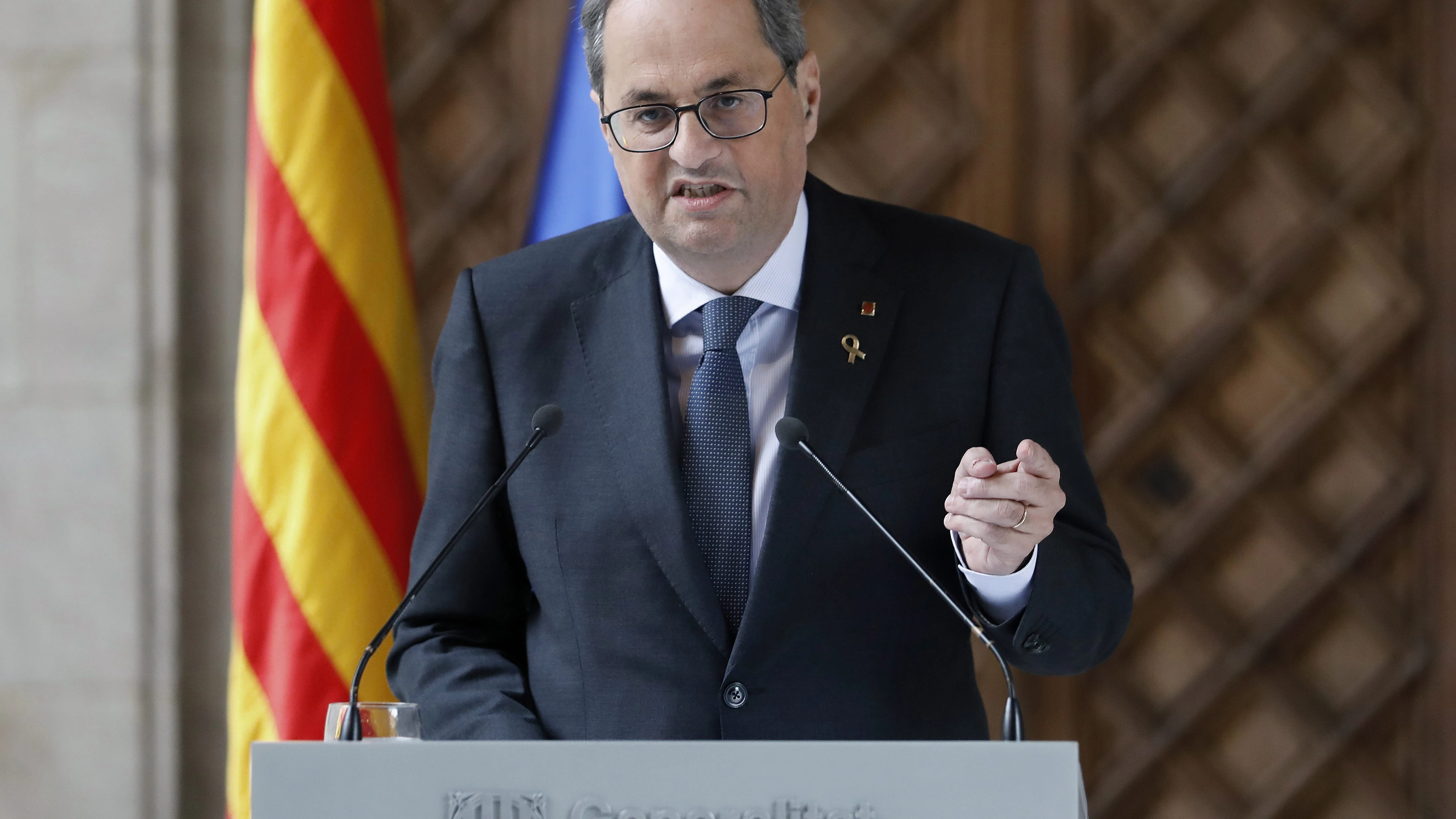 El presidente de la Generalitat, Quim Torra, durante la declaración institucional