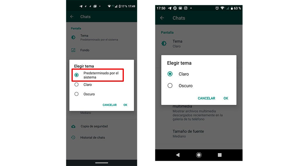 Modo oscuro en Android 10 (izquierda) y Android 9 (derecha)