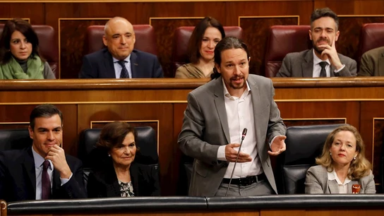 Pablo Iglesias, Pedro Sánchez, Carmen Calvo y Nadia Calviño, en el Congreso Pablo Iglesias, Pedro Sánchez, Carmen Calvo y Nadia Calviño, en el Congreso