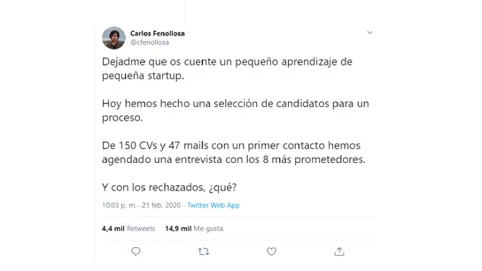 El tuit viral del bonito gesto de Carlos Fenollosa con los candidatos rechazados El tuit viral del bonito gesto de Carlos Fenollosa con los candidatos rechazados