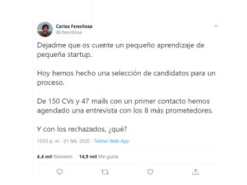 El tuit viral del bonito gesto de Carlos Fenollosa con los candidatos rechazados El tuit viral del bonito gesto de Carlos Fenollosa con los candidatos rechazados