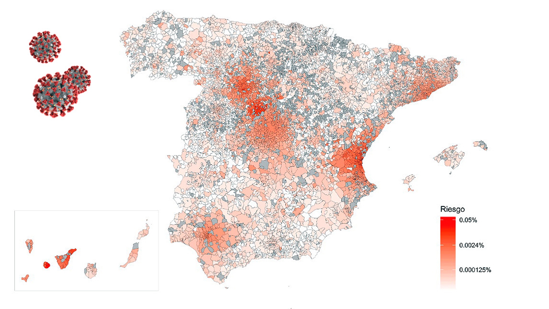 Mapa de riesgo de propagacion del coronavirus en Espana