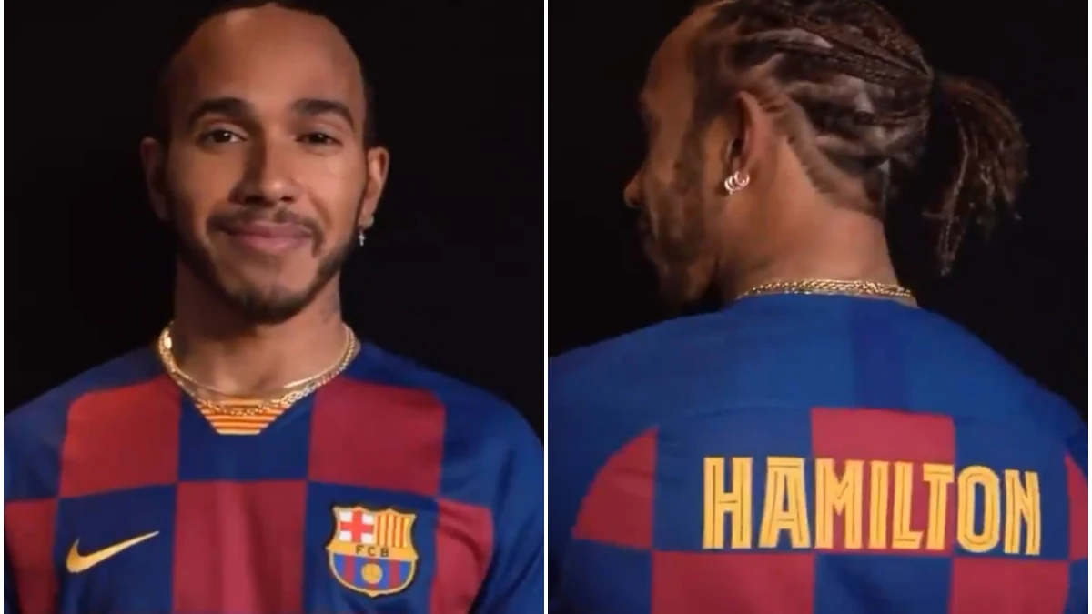 Lewis Hamilton, con la camiseta del Barcelona