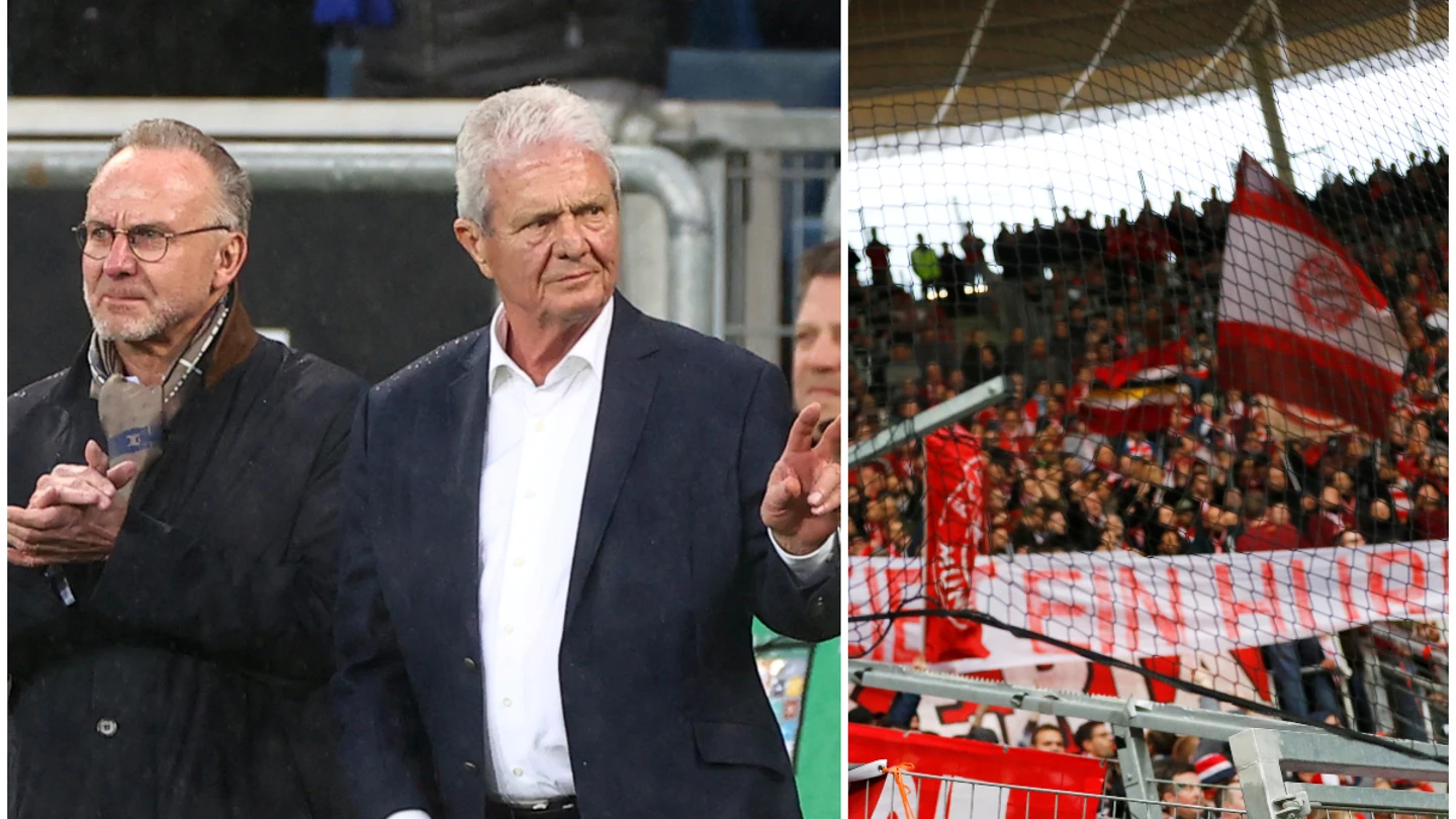 Rummenigge y Hopp, a la izquierda; a la derecha, una pancarta ofensiva de los ultras Rummenigge y Hopp, a la izquierda; a la derecha, una pancarta ofensiva de los ultras