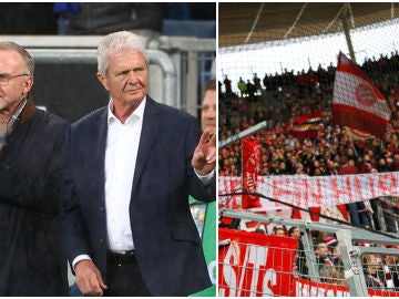 Rummenigge y Hopp, a la izquierda; a la derecha, una pancarta ofensiva de los ultras Rummenigge y Hopp, a la izquierda; a la derecha, una pancarta ofensiva de los ultras