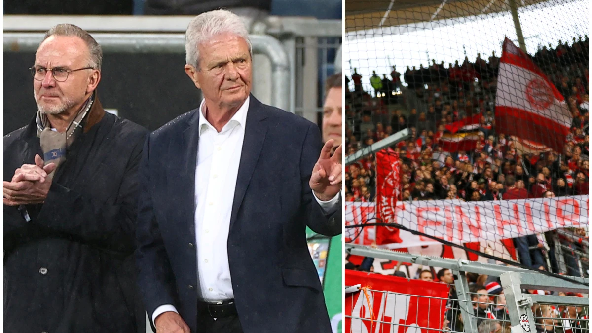 Rummenigge y Hopp, a la izquierda; a la derecha, una pancarta ofensiva de los ultras