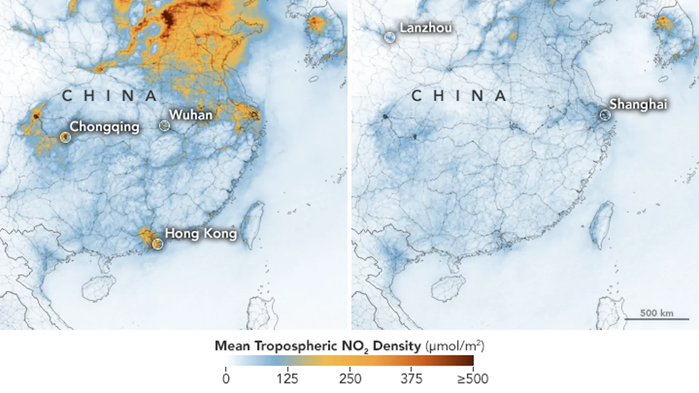 Niveles de dióxido de nitrógeno en China entre el 1-20 de enero y el 10-25 de febrero Niveles de dióxido de nitrógeno en China entre el 1-20 de enero y el 10-25 de febrero