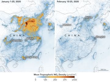 Niveles de dióxido de nitrógeno en China entre el 1-20 de enero y el 10-25 de febrero Niveles de dióxido de nitrógeno en China entre el 1-20 de enero y el 10-25 de febrero