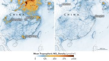Niveles de dióxido de nitrógeno en China entre el 1-20 de enero y el 10-25 de febrero