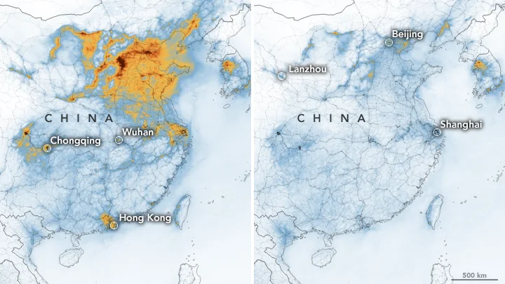 Niveles de dióxido de nitrógeno en China entre el 1-20 de enero y el 10-25 de febrero