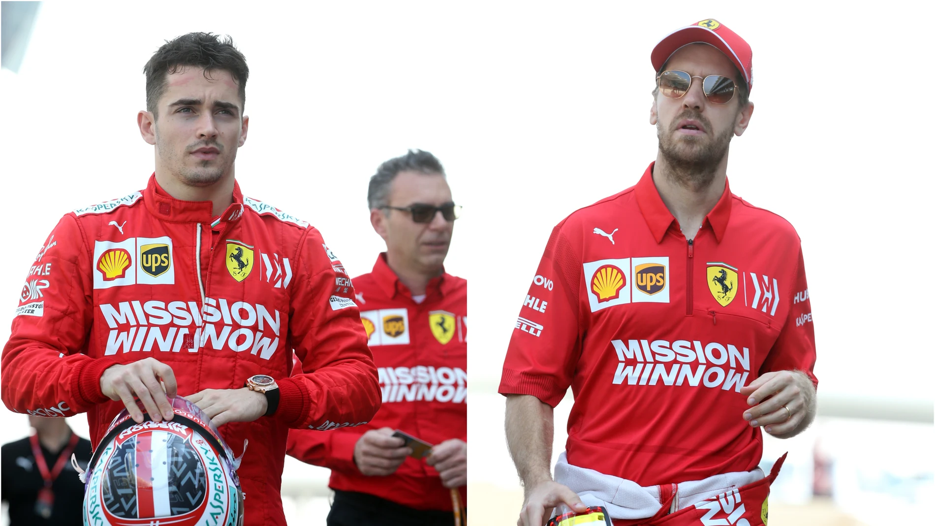 Charles Leclerc y Sebastian Vettel durante los test en Montmeló