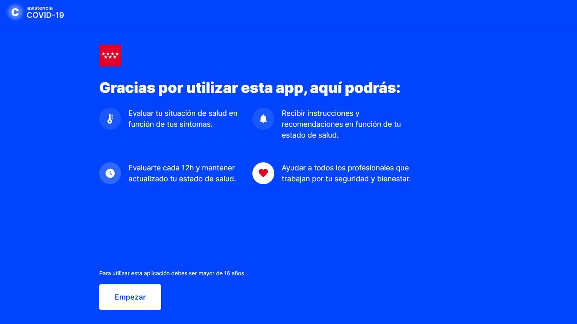Interfaz de la app de autoevaluación del coronavirus de la Comunidad de Madrid